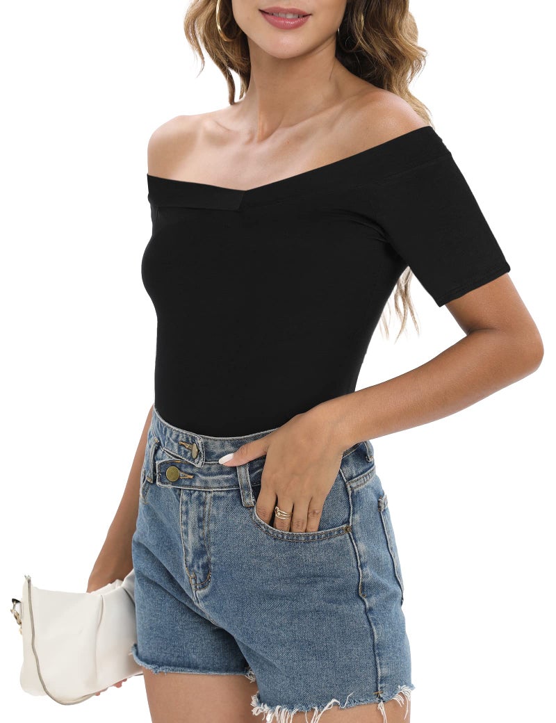 Sarin Mathews Womens Off The Shoulder Short Sleeve Tops Slim Fit Blouse Shirts Black XL - Image 3